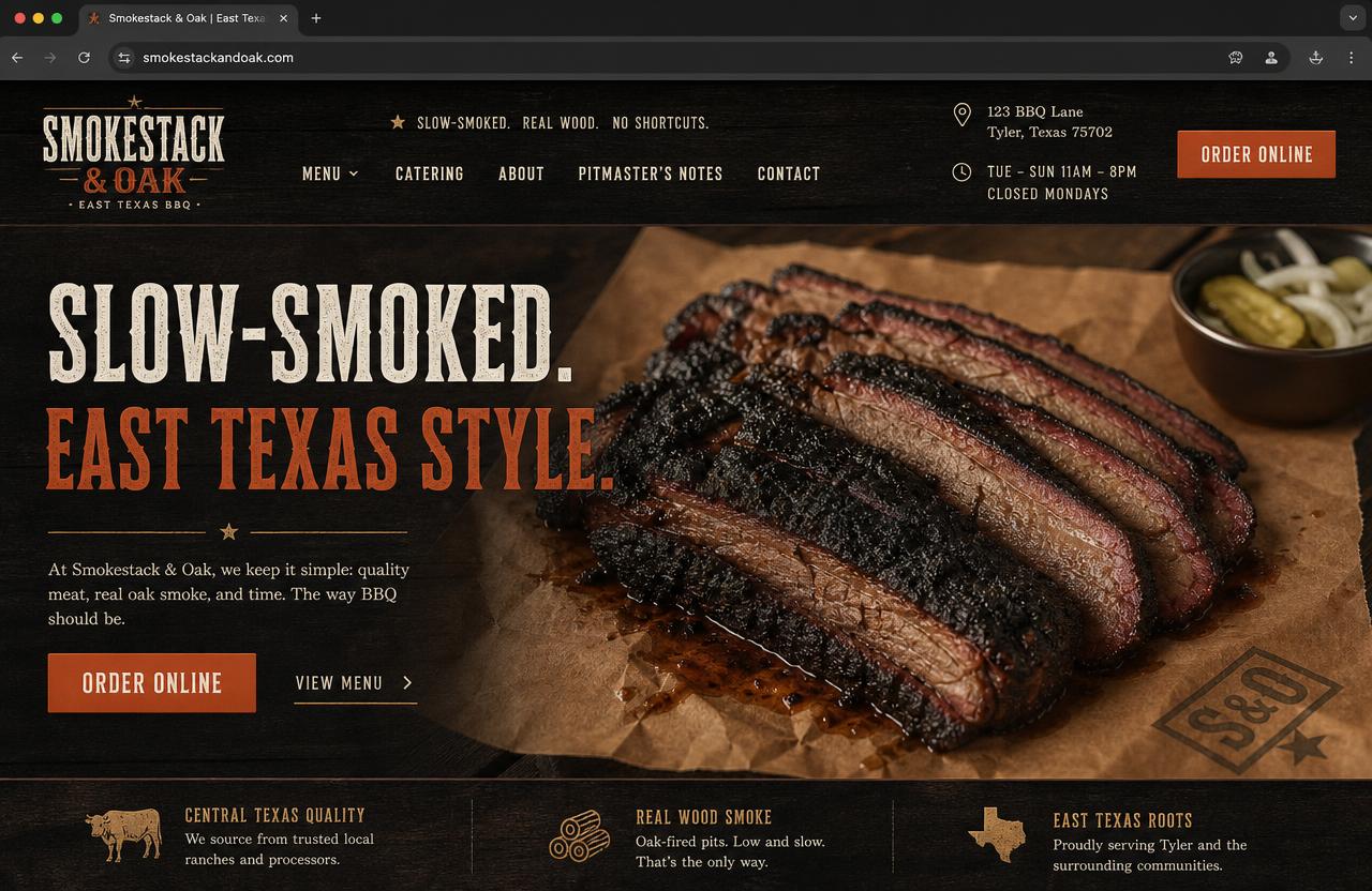 Smokestack & Oak website — Homepage — hero, hours, and one clear order button
