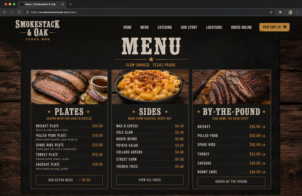 Smokestack & Oak website — Menu — plates, sides, and by-the-pound pricing