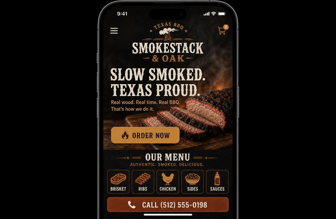 Smokestack & Oak website — Mobile — the version most customers actually see