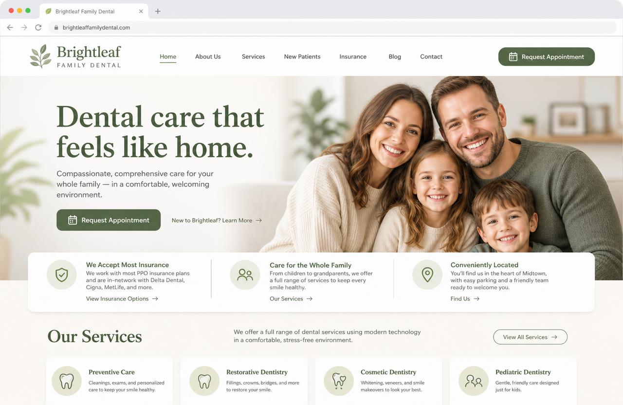 Brightleaf Family Dental website — Homepage — warm, calm, and clearly open