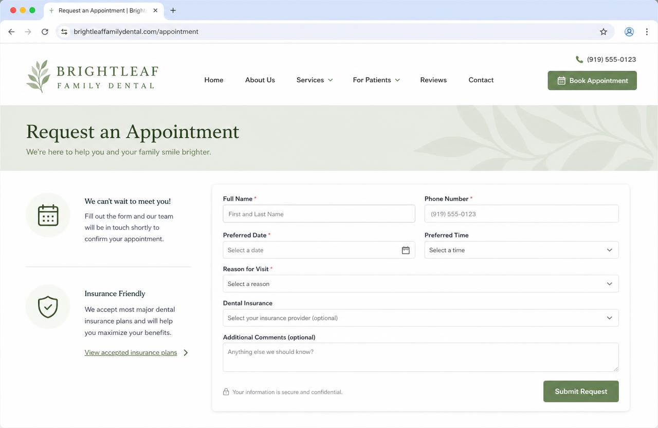 Brightleaf Family Dental website — Booking — request a time without a phone call
