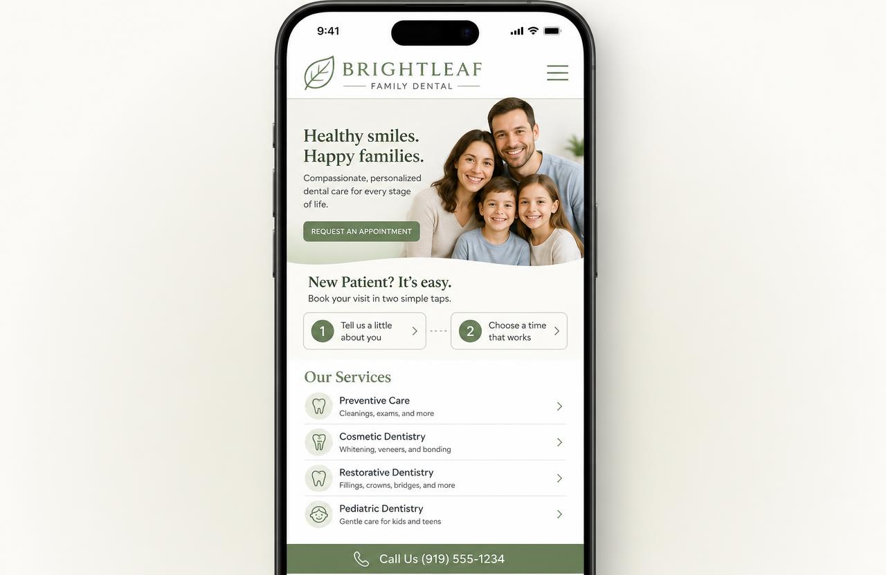 Brightleaf Family Dental website — Mobile — new-patient path in two taps