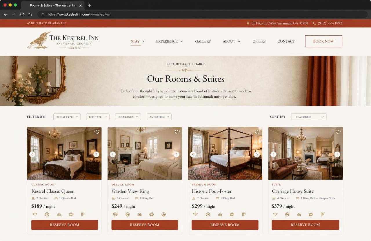 The Kestrel Inn website — Rooms — photography, rates, and one-click reserve