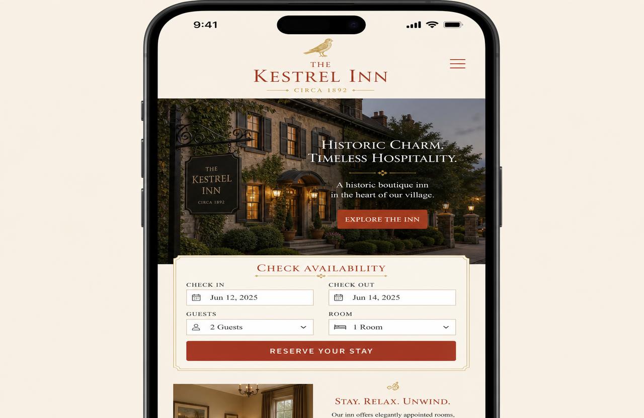 The Kestrel Inn website — Mobile — check availability on the walk over