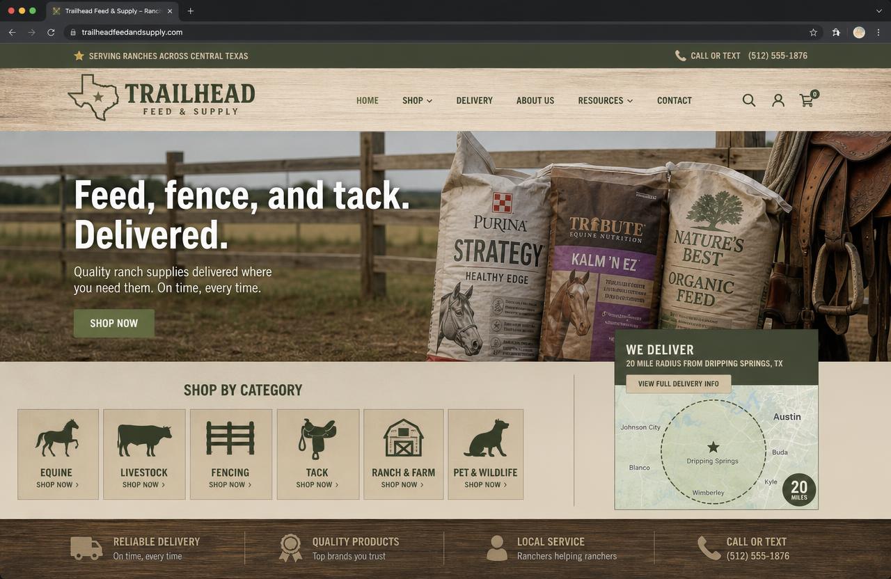 Trailhead Feed & Supply website — Homepage — delivery radius front and center