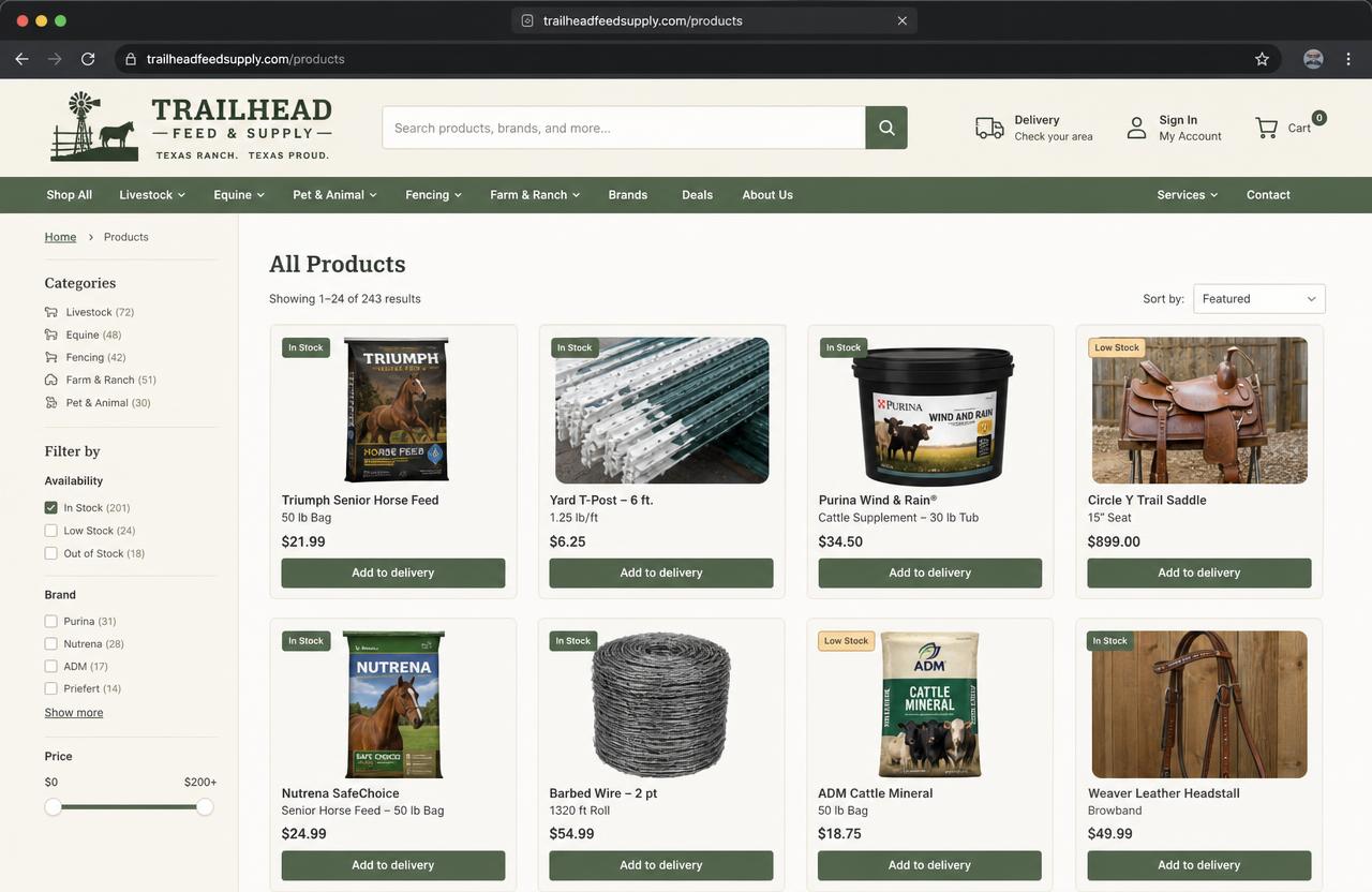 Trailhead Feed & Supply website — Products — feed, fence, and tack by category