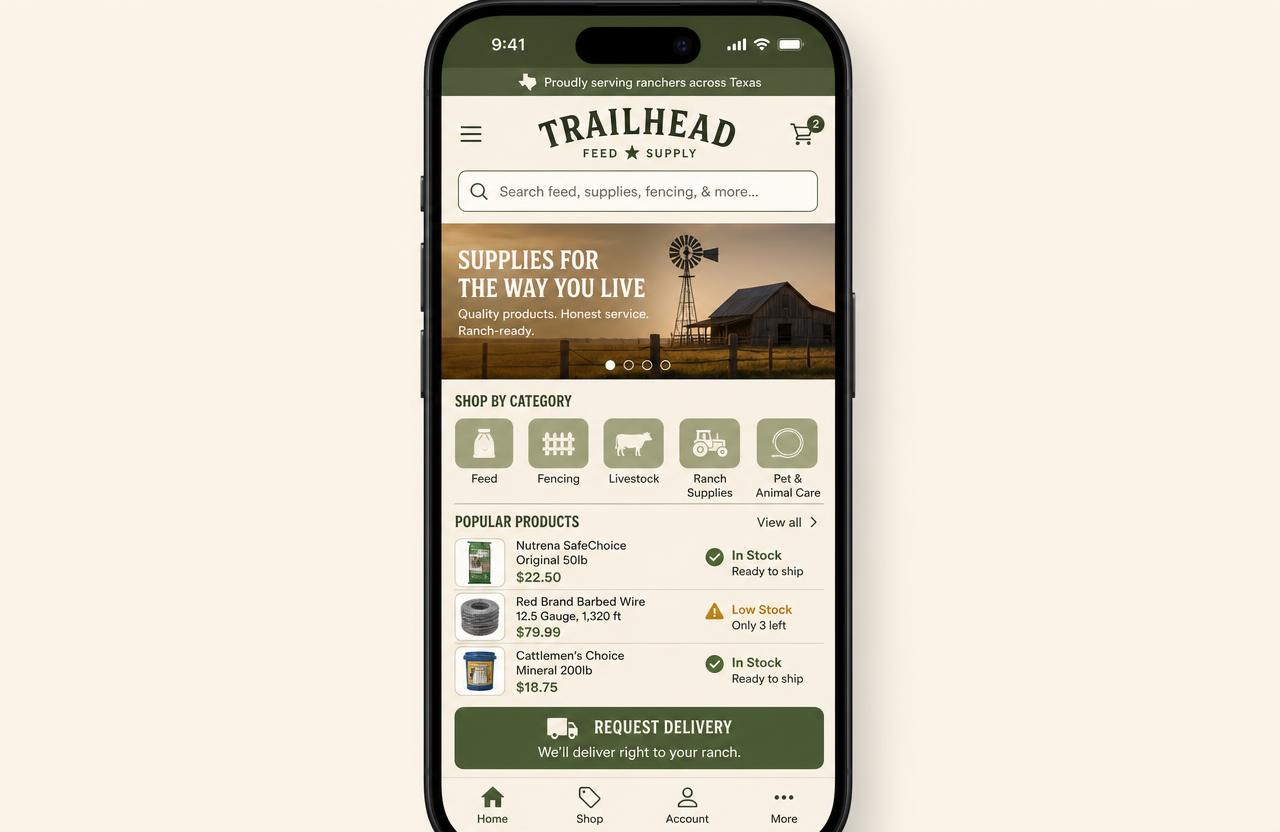 Trailhead Feed & Supply website — Mobile — search and stock from the truck