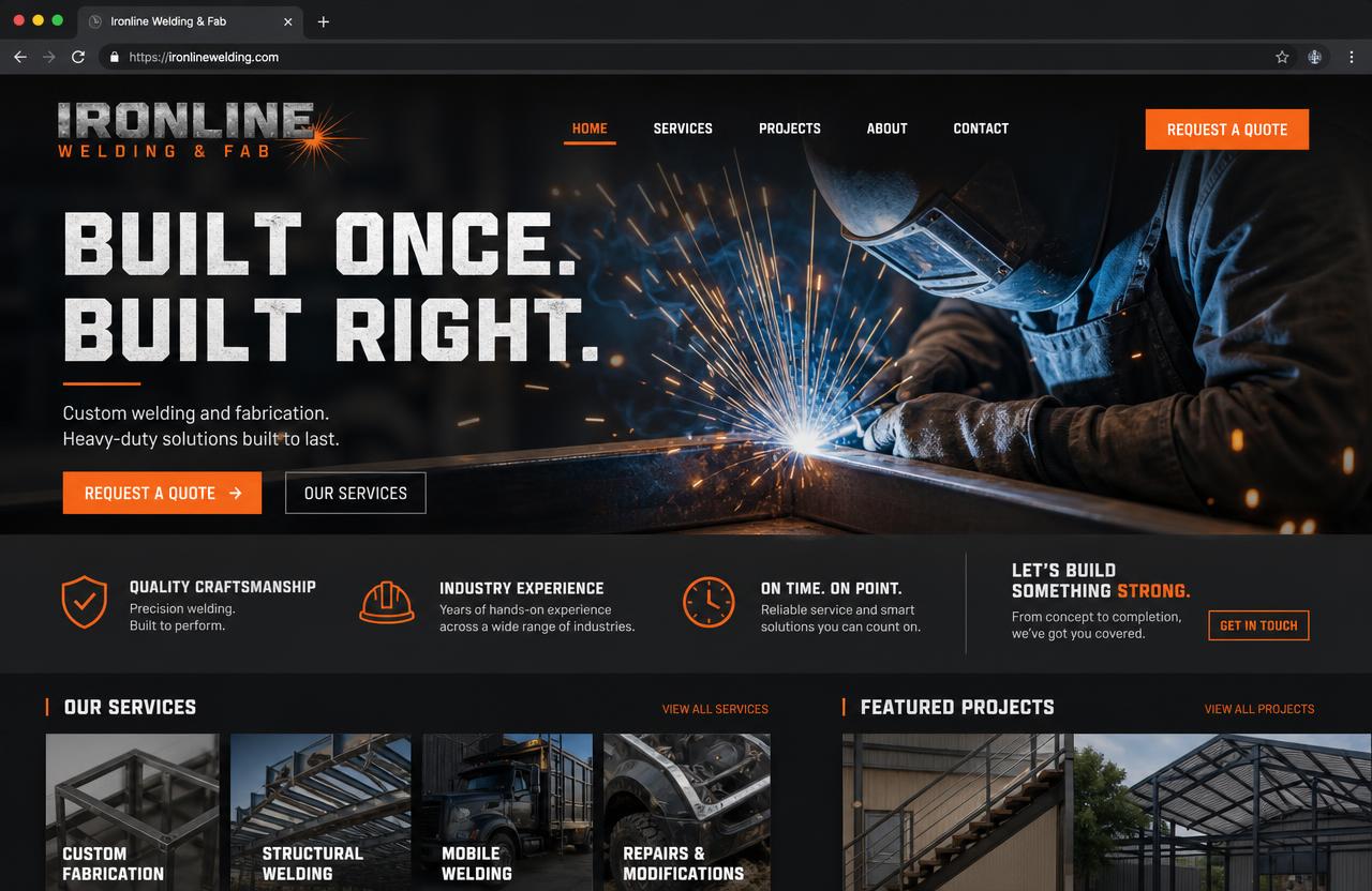 Ironline Welding & Fab website — Homepage — built once, built right