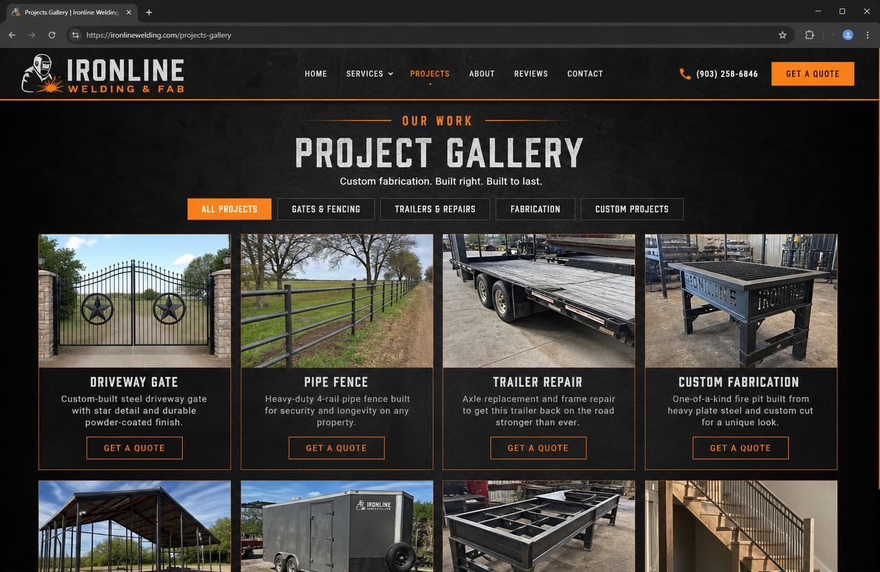 Ironline Welding & Fab website — Gallery — gates, trailers, and pipe fence