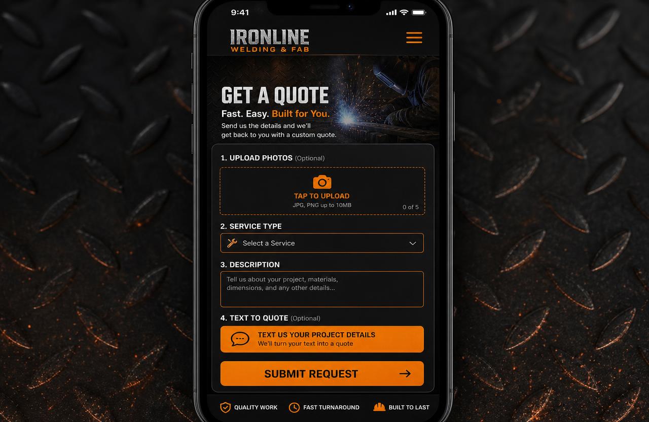 Ironline Welding & Fab website — Mobile — text a photo, get a number back